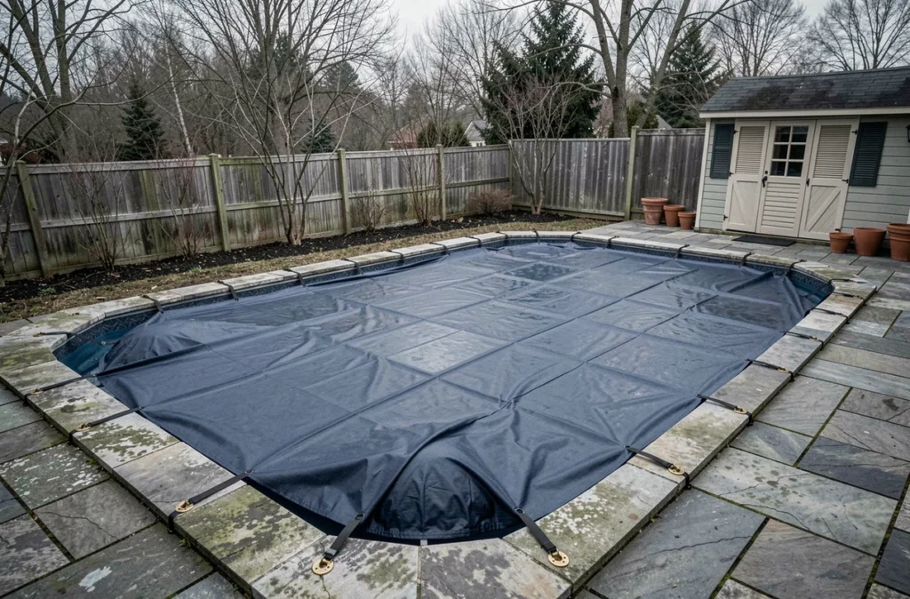 Piscine enterrée entièrement hivernée avec bâche de sécurité tendue dans un jardin en hiver