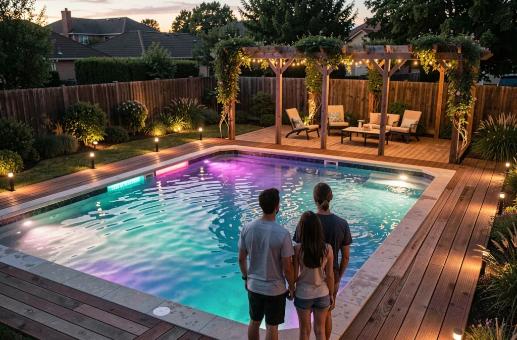Piscine familiale en jardin avec éclairages RGB multicolores et spots solaires sur terrasse en bois au crépuscule