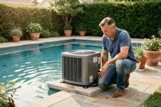 Homme inspectant une pompe à chaleur installée au bord d'une piscine extérieure résidentielle