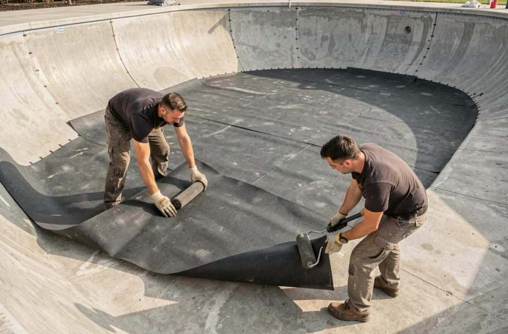 Pose d'une membrane armée gris anthracite dans une piscine en béton vide lors d'une rénovation, avec deux techniciens au travail