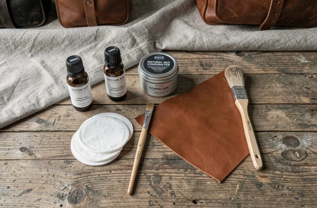Flat lay de produits de coloration et d'entretien du cuir avec un échantillon de cuir cognac traité sur une surface en bois rustique