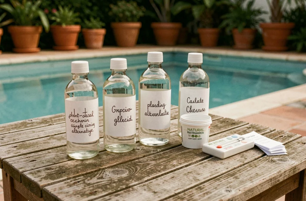 Produits écologiques et naturels pour l'entretien de l'eau de piscine disposés sur une table en bois