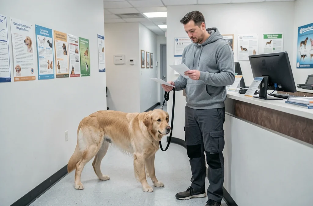 Propriétaire de chien récupérant les documents vétérinaires nécessaires pour un déménagement