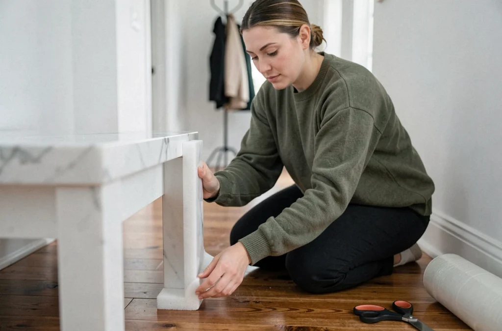 Femme posant des protège-coins en mousse sur une console en marbre pour la protéger pendant le transport
