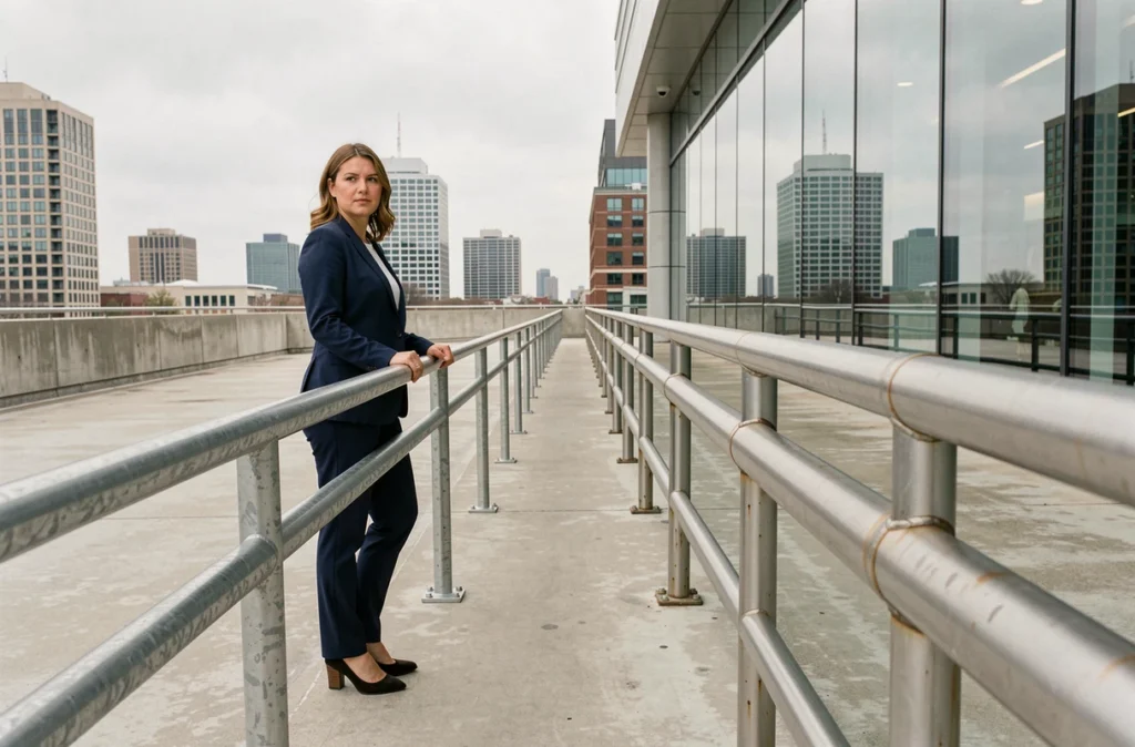 Femme comparant une rambarde en aluminium anodisé et une rambarde en aluminium brut sur une façade architecturale moderne en milieu urbain