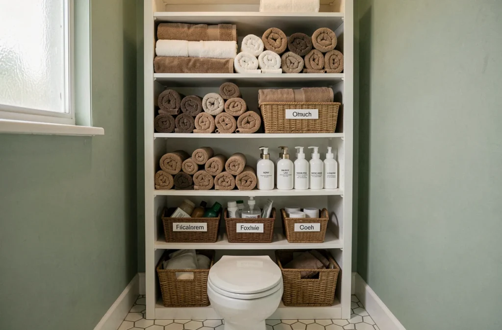 Meuble de rangement au-dessus des toilettes avec paniers étiquetés, serviettes roulées et distributeurs de savon dans une salle d'eau familiale