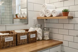 Salle de bain familiale bien organisée avec paniers en osier, bocaux en verre et étagère murale en bois pour un rangement astucieux
