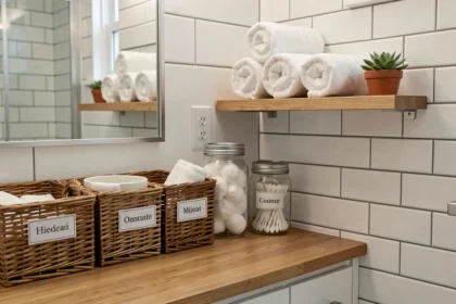 Salle de bain familiale bien organisée avec paniers en osier, bocaux en verre et étagère murale en bois pour un rangement astucieux