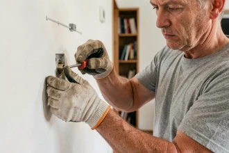 Homme retirant une prise télé murale avec un tournevis dans un salon moderne, port de gants de sécurité