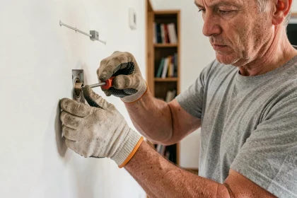 Homme retirant une prise télé murale avec un tournevis dans un salon moderne, port de gants de sécurité