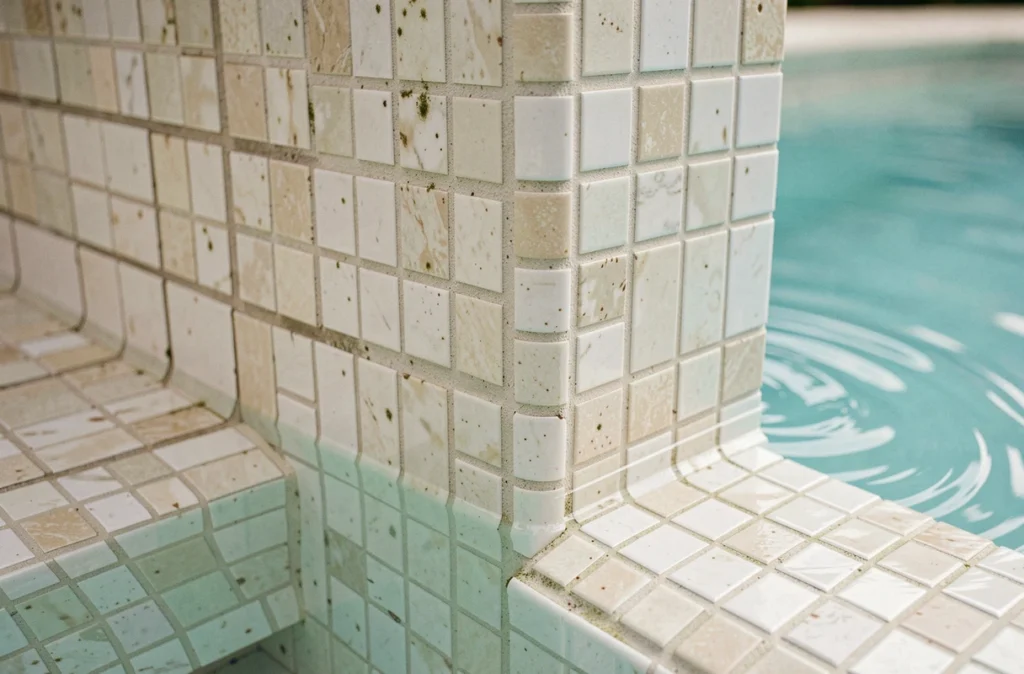 Revêtement carrelage mosaïque blanc et crème en gros plan sur les parois d'une piscine extérieure avec reflets d'eau