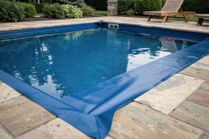 Piscine résidentielle avec revêtement liner bleu cobalt sous l'eau claire, vue en plongée légère depuis la margelle en pierre naturelle