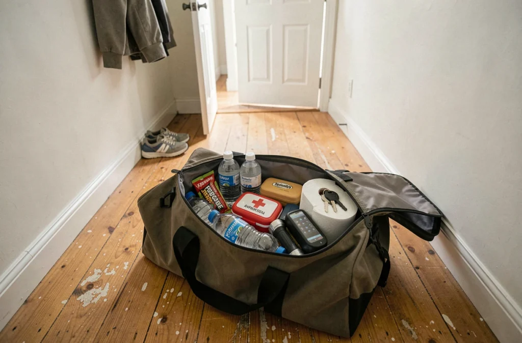 Sac de survie prêt pour le premier jour dans une nouvelle maison avec équipements essentiels visibles