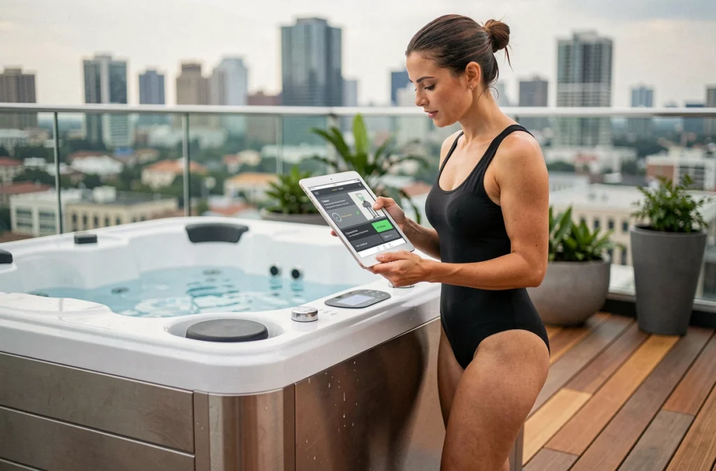 Femme inspectant le panneau de contrôle d'un swim spa compact installé sur une terrasse urbaine
