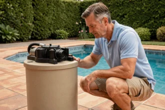 Homme adulte inspectant un système de filtration à sable pour piscine familiale dans un jardin suburban