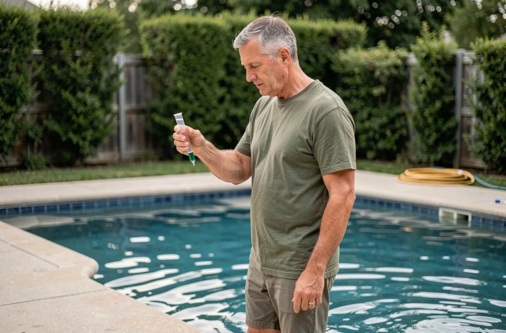 Homme testant la qualité de l'eau de sa piscine avec un kit d'analyse naturel et écologique