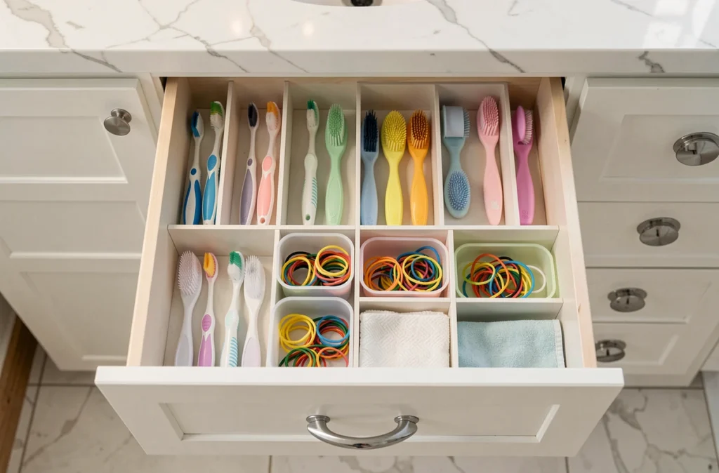 Tiroir de salle de bain enfant organisé avec compartiments pour brosses à dents, élastiques et accessoires de toilette triés par couleur