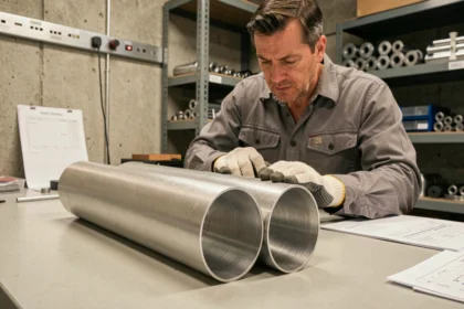 Comparaison côte à côte d'un tube en aluminium anodisé mat et d'un tube en aluminium brut brossé sur un établi industriel