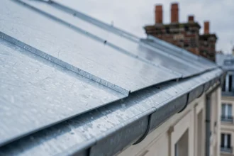 Gros plan sur un panneau de zinc brillant fraîchement posé sur un toit parisien, révélant la texture métallique argentée et les joints à tasseaux