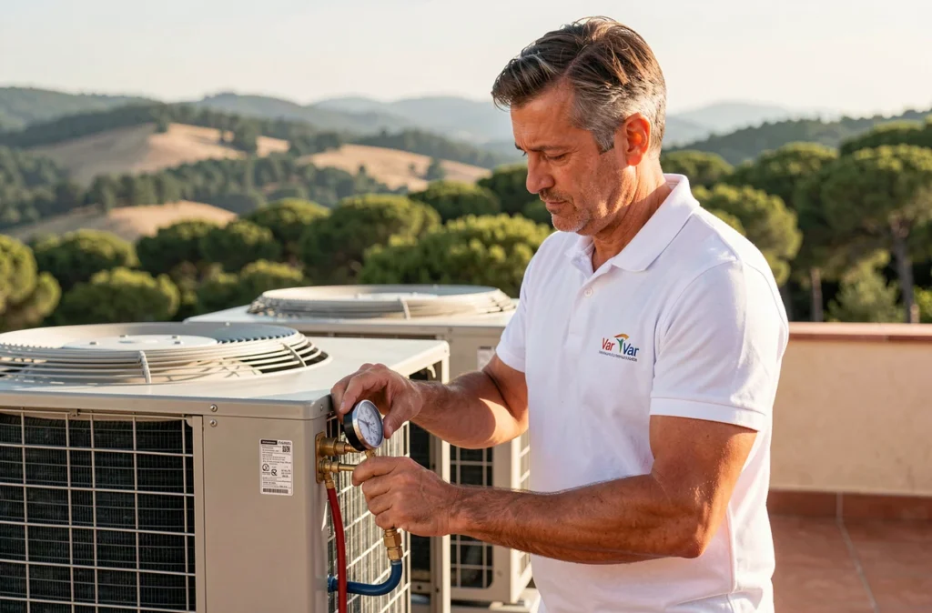 Spécialiste AD Climatisation 83 réalisant un contrôle de pression sur une unité extérieure dans le Var