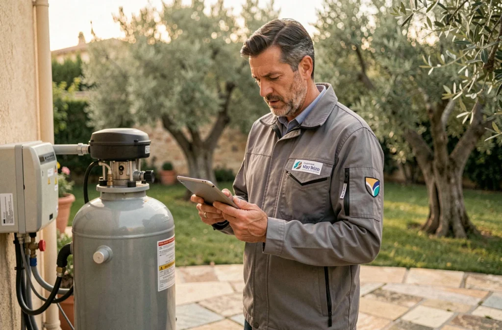 Climaticien professionnel Alpha Complémentarité consultant sa tablette auprès d'un compresseur dans le Var