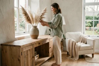 Femme aménageant son intérieur avec des éléments naturels dans un salon au style scandinave épuré et serein