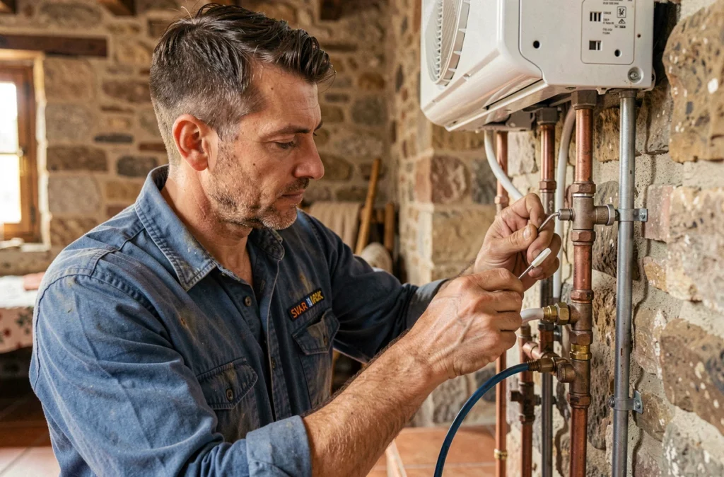 Artisan climaticien de L'Artisan Plomberie Climatisation réalisant une installation vérifiée dans une ferme du Var