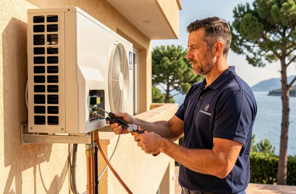 Installateur Azur Froid Climatisation connectant les lignes de réfrigérant d'une unité extérieure sur une villa du Var