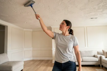 Femme utilisant un balai à franges microfibre pour nettoyer un plafond texturé dans un salon moderne