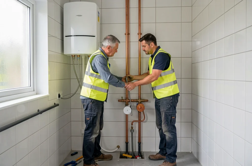Deux techniciens Bati-technique installant un système de climatisation et plomberie dans une salle de bain du Var