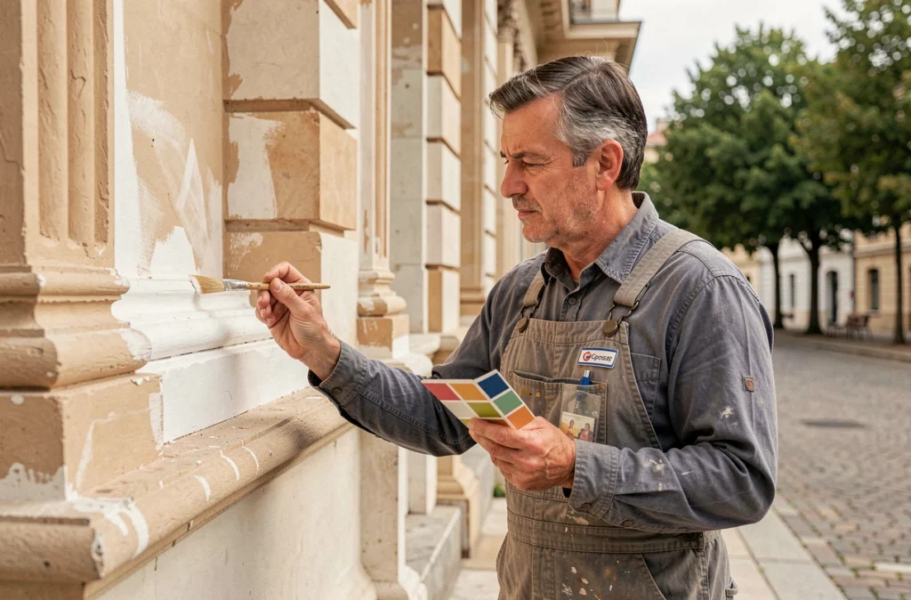 Expert de Batiment Tce Serban inspectant les finitions peintes d'une façade de bâtiment public