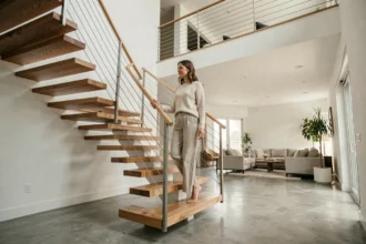 Cage d'escaliers ouverte dans une maison contemporaine avec escalier flottant en bois et garde-corps en câble acier