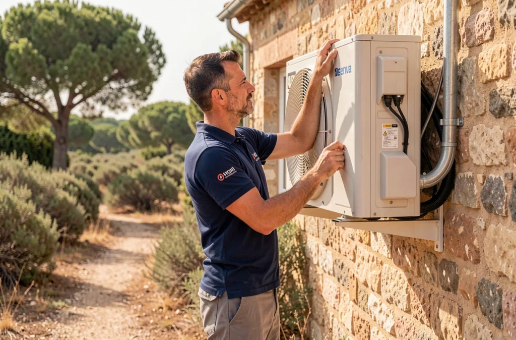Technicien de Climatisation de Provence installant une unité murale sur une maison à Cogolin dans le Var