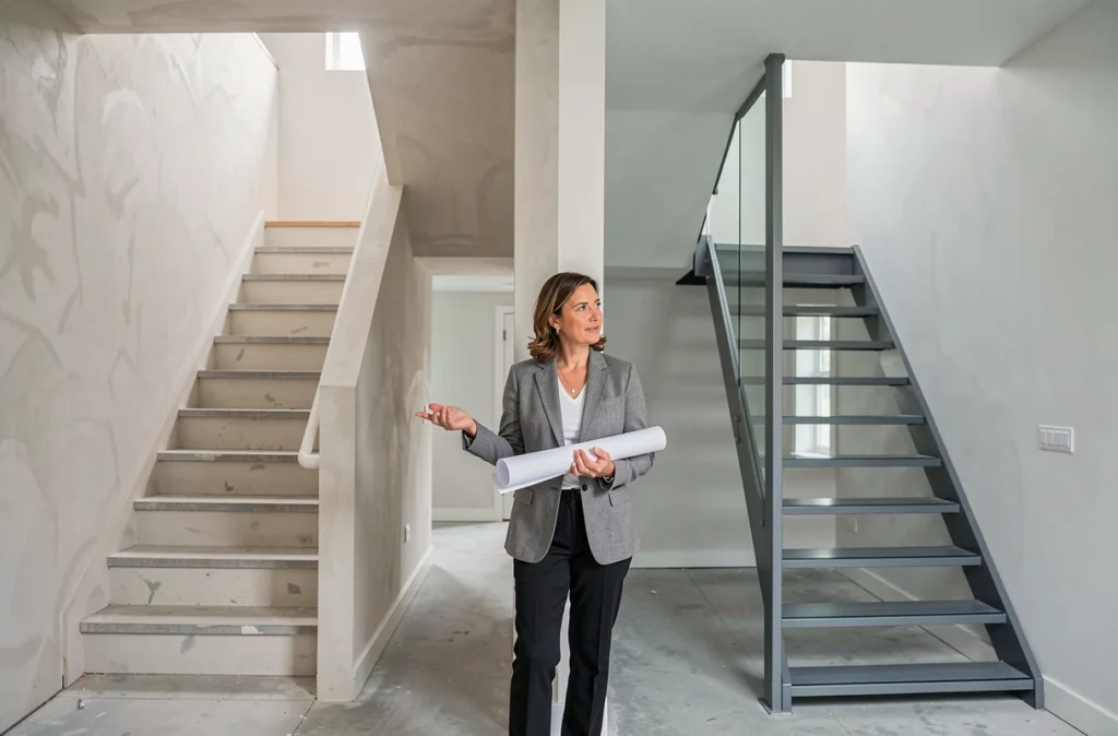 Comparaison entre cage d'escaliers ouverte et fermée lors d'une rénovation avec architecte tenant des plans