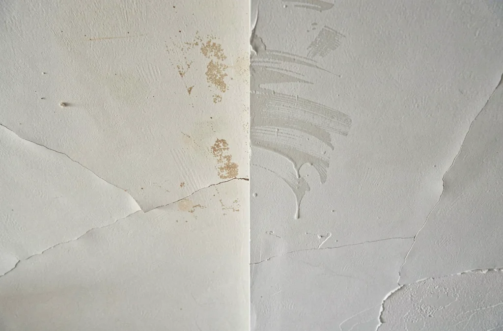 Comparaison gros plan de plafond nettoyé au balai sec versus vapeur montrant les traces et résidus sur peinture coquille d'œuf