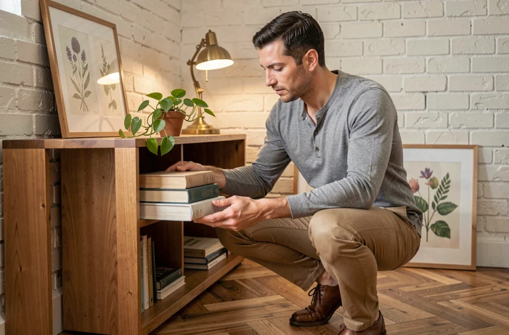 Homme arrangeant une bibliothèque en bois dans un bureau à domicile chaleureux avec des plantes et des livres