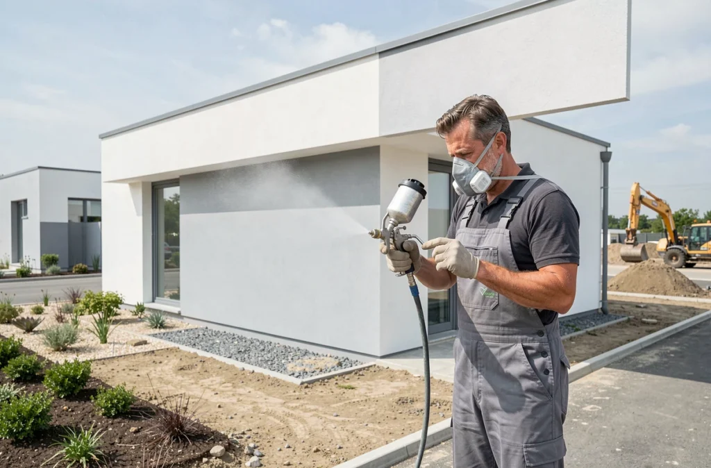 Peintre de DH Peinture utilisant un pistolet airless sur un immeuble résidentiel moderne