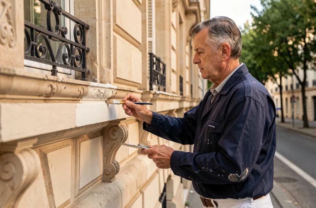 Artisan de l'Entreprise Pattou réalisant une peinture décorative sur une façade haussmannienne