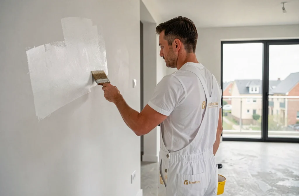 Artisan peintre de Golden Design appliquant une peinture premium dans un appartement moderne