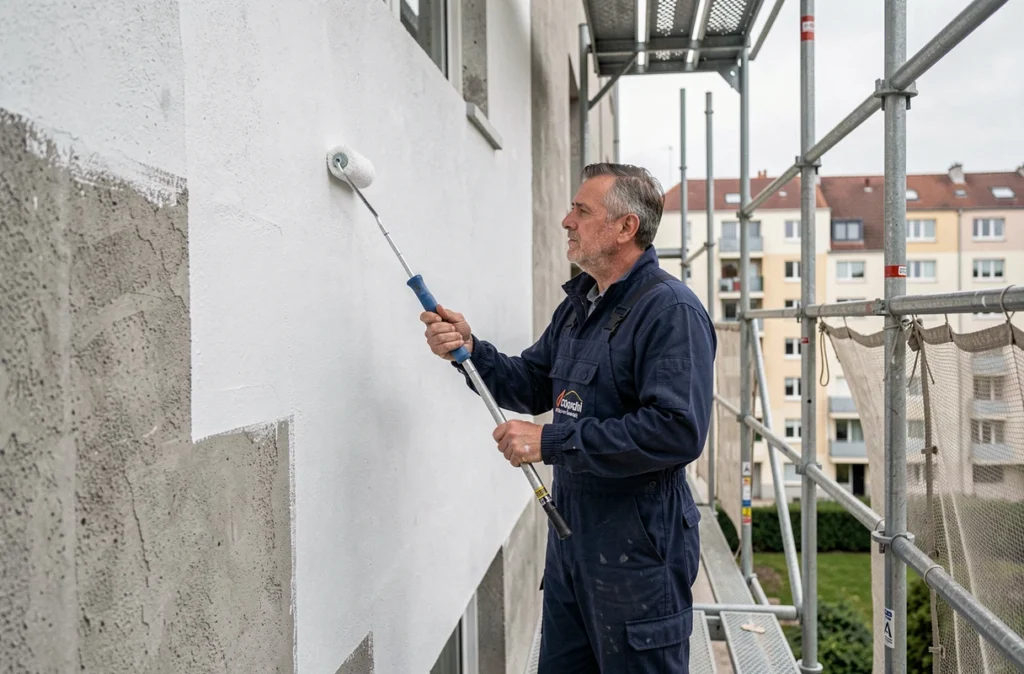 Ouvrier d'Inner Pro Batiment sur échafaudage en train de peindre une façade d'immeuble