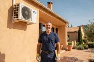 Installateur de climatisation professionnel devant une maison provençale dans le Var avec unité murale visible