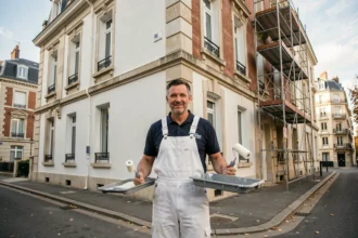 Peintre en bâtiment professionnel devant une façade rénovée en Seine-Saint-Denis