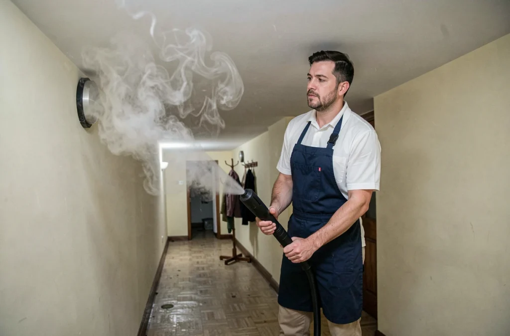 Homme utilisant un nettoyeur vapeur sur un plafond peint dans un couloir résidentiel