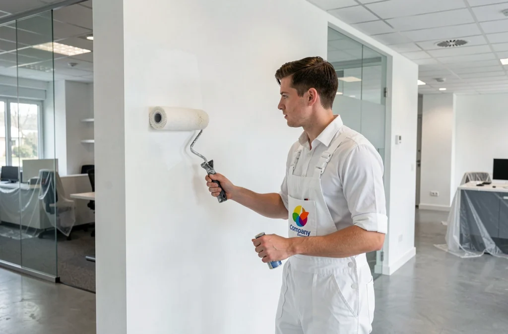 Peintre de Poleya appliquant une finition blanche dans le hall d'un bureau moderne