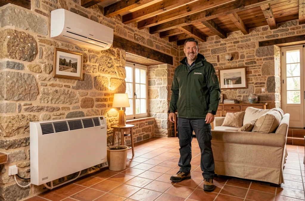 Technicien SAS Le Flambeau devant un système de chauffage et climatisation dans un salon provençal du Var