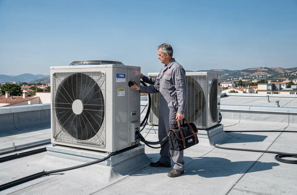 Technicien Service Entretien Maintenance PACA inspectant une unité de climatisation en toiture dans le Var