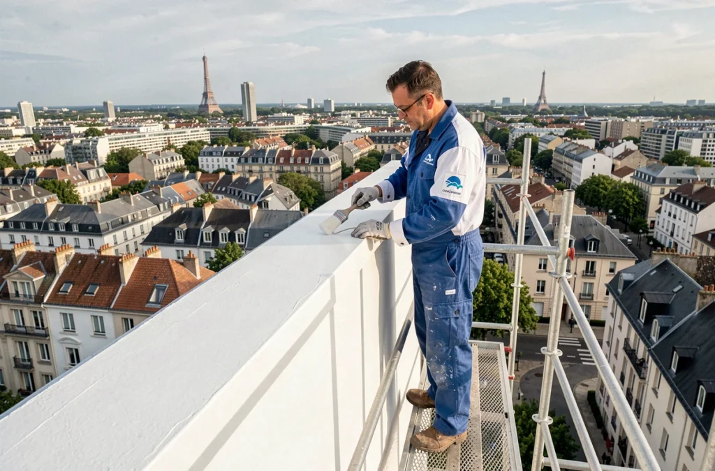 Peintre de Sky Batiment sur un échafaudage en hauteur avec panorama urbain de Seine-Saint-Denis