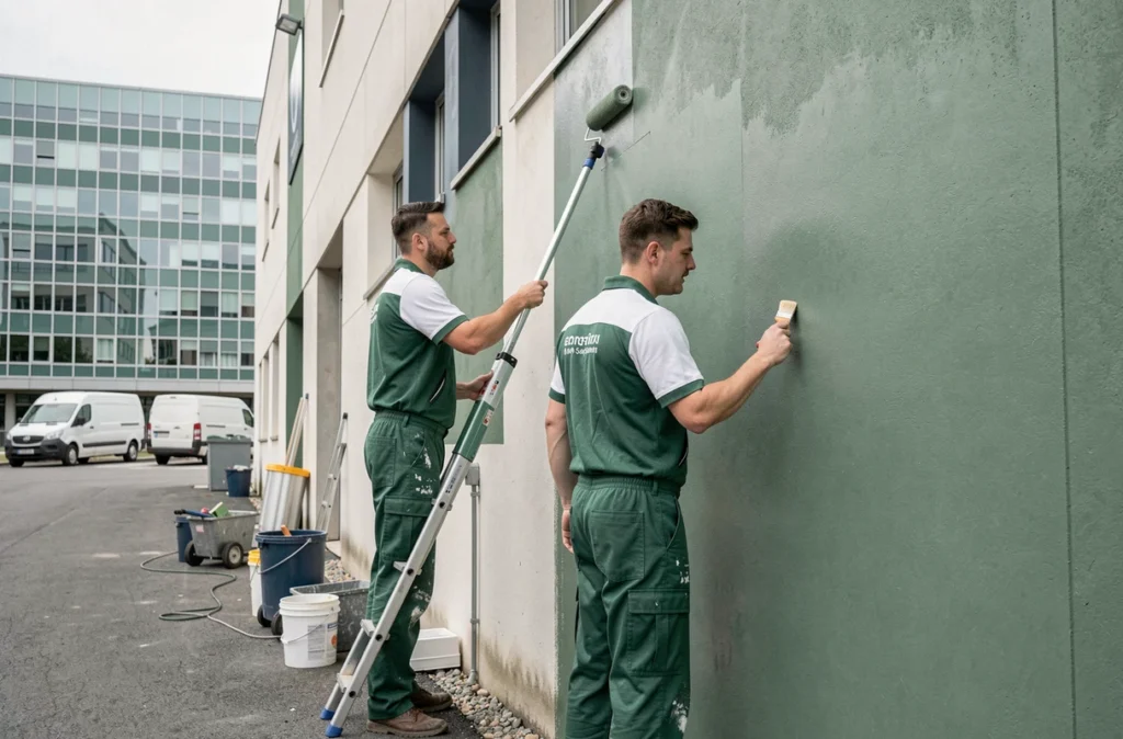 Deux peintres de Société Somaco travaillant en équipe sur la façade d'un bâtiment commercial
