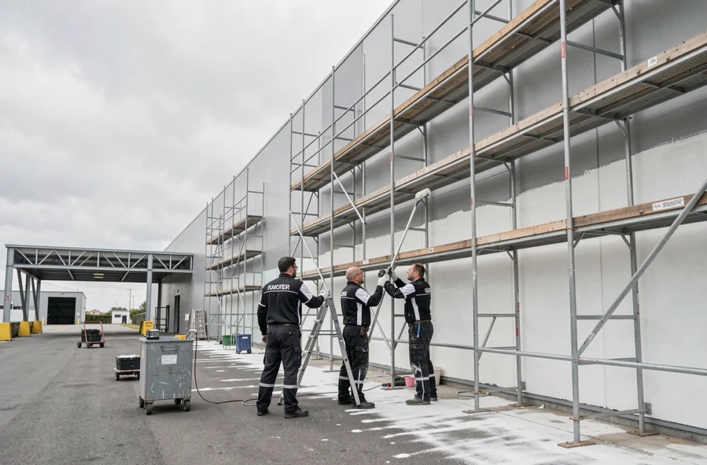 Équipe de TMK Bâtiments rénovant la façade d'un entrepôt commercial en Seine-Saint-Denis
