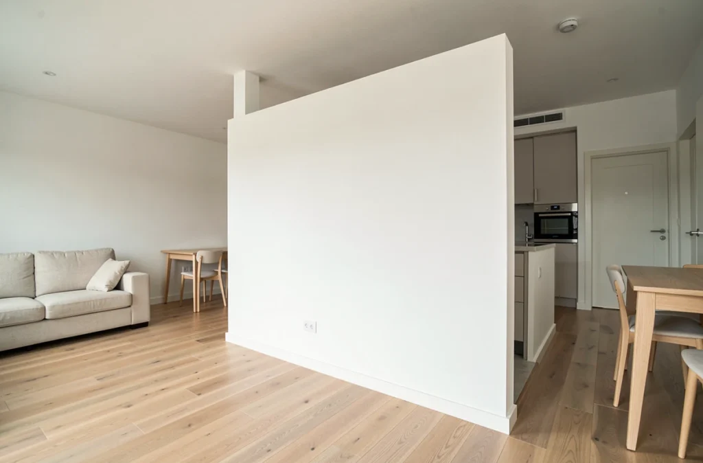 Cloison demi-hauteur blanche installée dans un appartement neuf séparant séjour et cuisine ouverte
